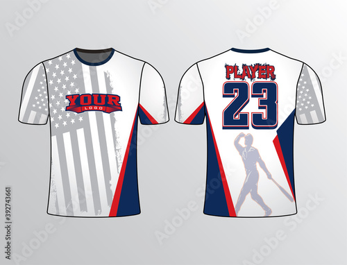 Grey tone American Flag ghosted in the background with dark blue and red colors combination team gear jersey template