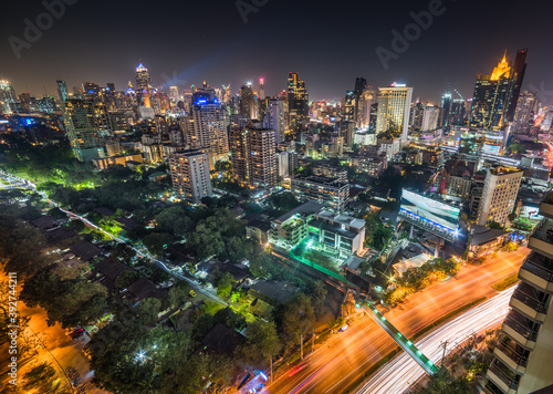 Panoramic View of Bangkok, Thailand. Cityscape with Public Park and Skyscrapers at Night