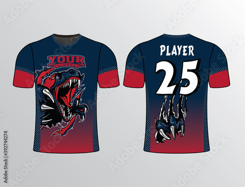 Dark blue red colors combined with sides filled with metallic diamond pattern. Raptor blasting on front and claws mark on the back perfect for any sports team gear