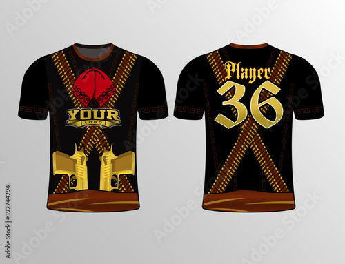 Black dark brown gangster theme dress of bandits look sports jersey mockup design make this jersey wild edgy