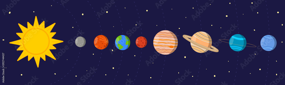 Cartoon colorful Solar system. Sun and planets in their orbits on space ...