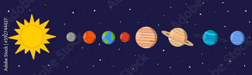 Cartoon colorful Solar system. Sun and planets in their orbits on space background. Vector illustration for kids education materials, children science books, wallpapers, posters, cards.