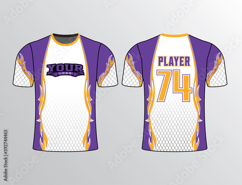 Tribal design filled with purple and gold colors on a white base and ghosted metallic wire pattern on the body perfect for sports team gear