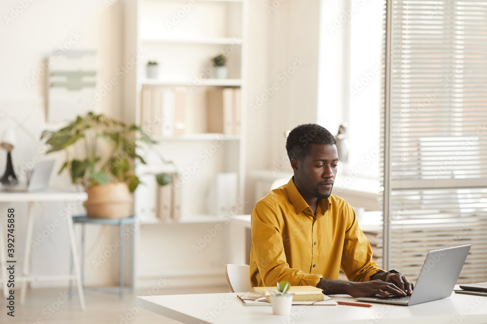 Wide angle view at contemporary African-American man using laptop while working at desk in minimal office interior, copy space