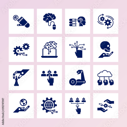 A large set of 16 icons on the theme of robotics and machine learning and cyber security in a flat style isolated in the background. EPS 10.