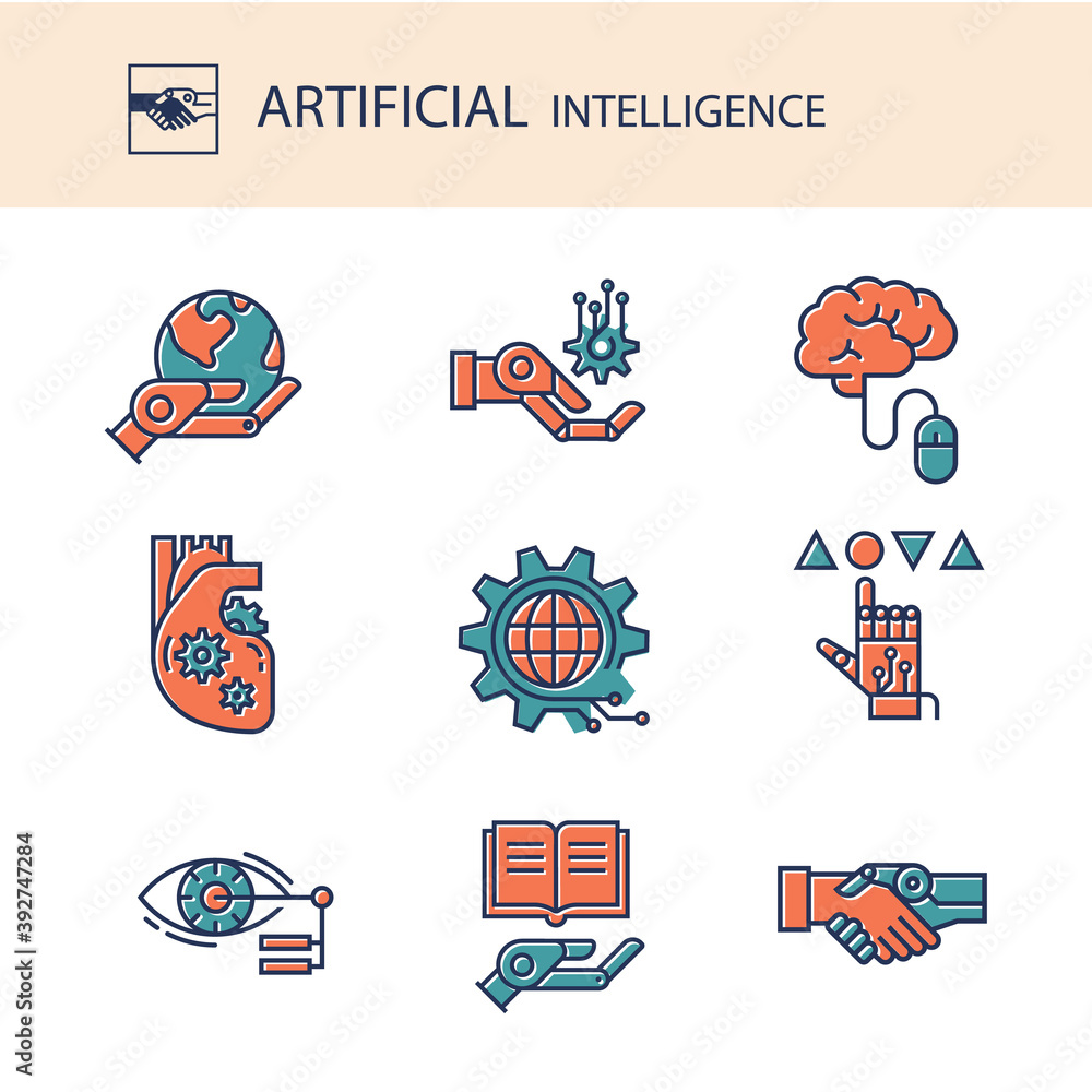 A collection of colored icons of artificial intelligence in a linear style isolated on a white background. EPS 10.