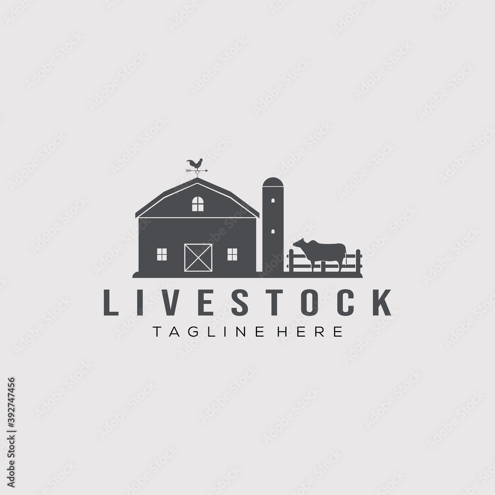 Fototapeta premium vintage barn, fence, and cow for farm symbol. livestock logo vector illustration design