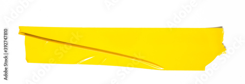 yellow tapes on white background. Torn horizontal and different size yellow sticky tape, adhesive pieces.