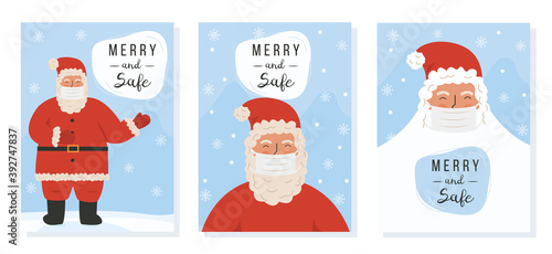 Collection of vector Christmas greeting card with cute Santa Claus wearing protective face mask. Set of postcard for New Year 2021 eve during pandemic. Set of Xmas posters with caption Merry and Safe.