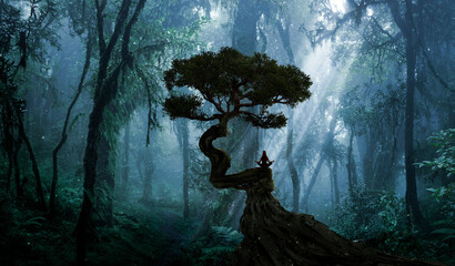 Woman doing yoga and meditation in the forest