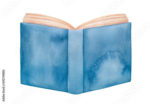 Water color illustration of opened book with blank blue cover and pages with light brown paper. One single object. Hand drawn watercolour graphic paint, cutout clip art element for creative design.