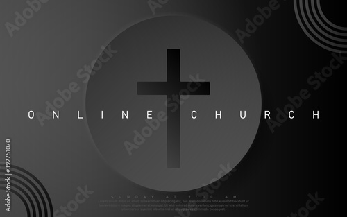Vector Online Church banner. Worship Jesus. Church live event. Black background