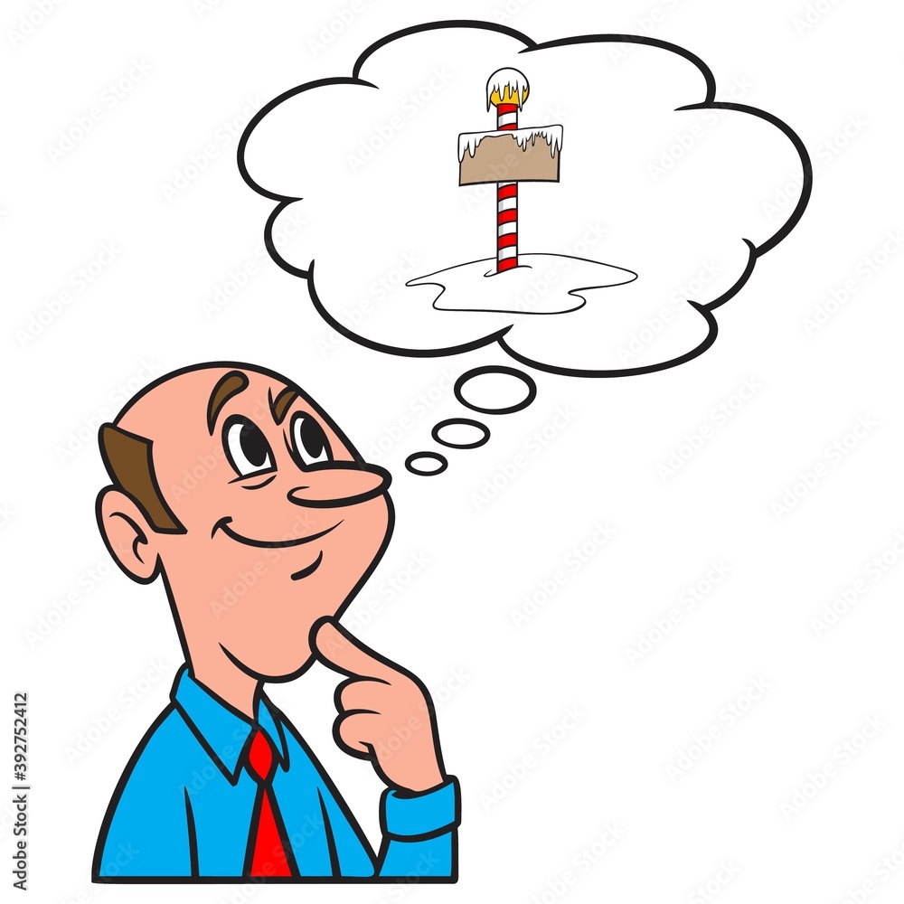 Thinking about the North Pole - A cartoon illustration of a man thinking about the North Pole. Thinking about the North Pole - A cartoon illustration of a man thinking about the North Pole.