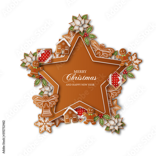 Christmas background. Star shaped frame with gingerbread cookies