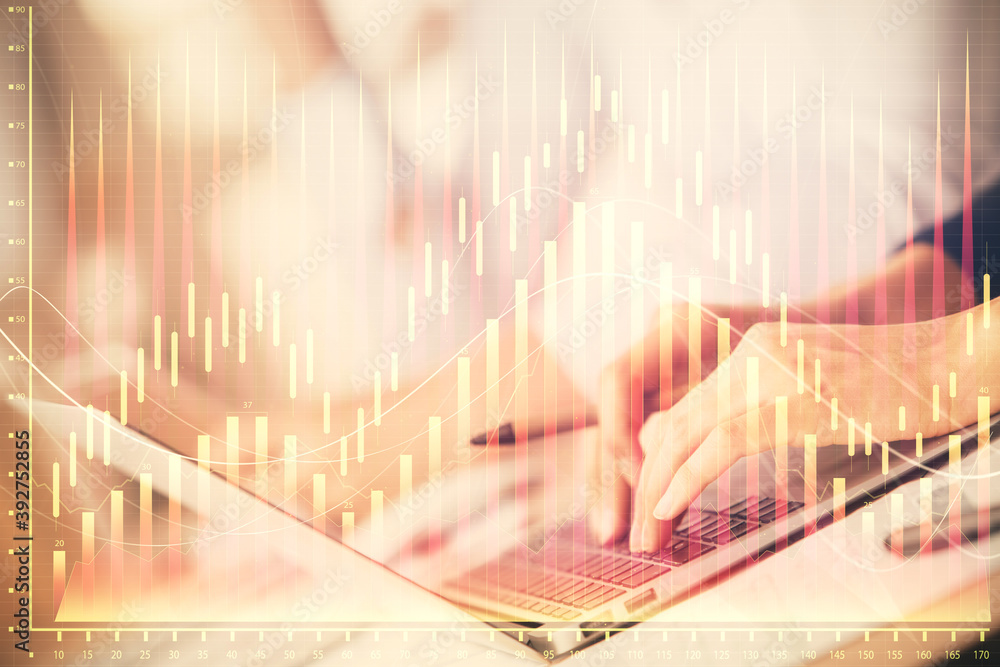 Double exposure of woman hands typing on computer and forex chart hologram drawing. Stock market invest concept. Double exposure of woman hands typing on computer and forex chart hologram drawing. Stock market invest concept.