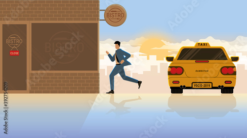 Hurry up and urgent concept of business owner life. Businessman run from taxi transport to close bistro restaurant in early morning sunrise. Entrepreneur lifestyle before re-opening business hours.