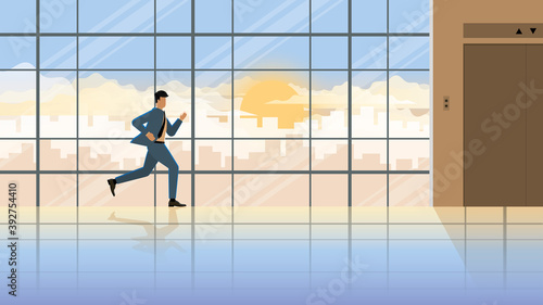 Hurry up and urgent business lifestyle. Businessman run to office building lift. Responsibility and diligent occupation in the early morning sunrise. Office people work hard for the company in city.