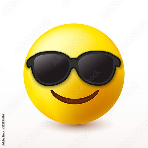 Smiling face with sunglasses emoji - emoticon with smiling face wearing dark sunglasses that is used to denote a sense of cool