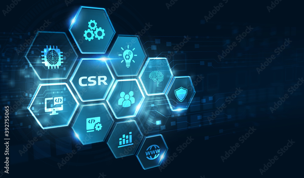 The concept of business, technology, the Internet and the network. A young entrepreneur working on a virtual screen of the future and sees the inscription: CSR The concept of business, technology, the Internet and the network. A young entrepreneur working on a virtual screen of the future and sees the inscription: CSR