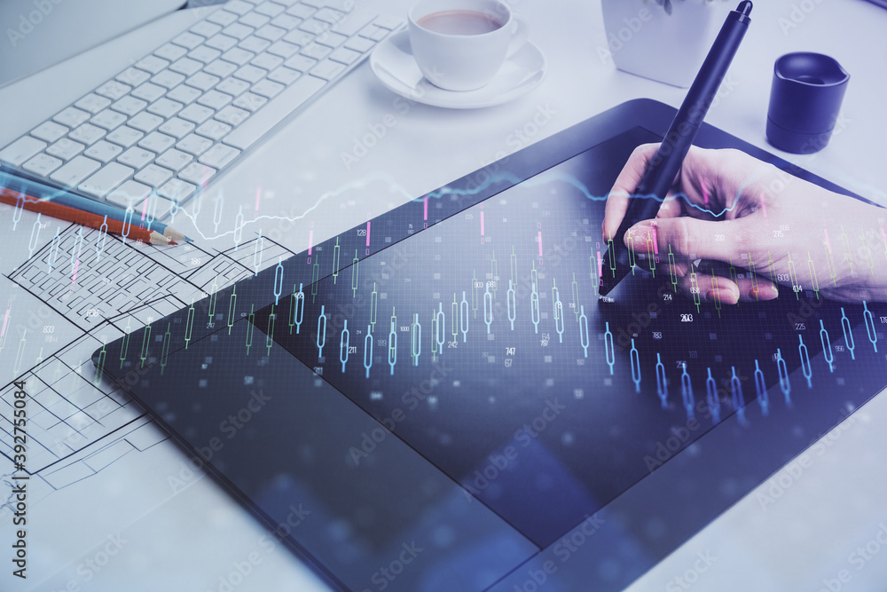 Double exposure of financial graph sketch hologram and woman holding and using a mobile device. Stock exchange concept. Double exposure of financial graph sketch hologram and woman holding and using a mobile device. Stock exchange concept.