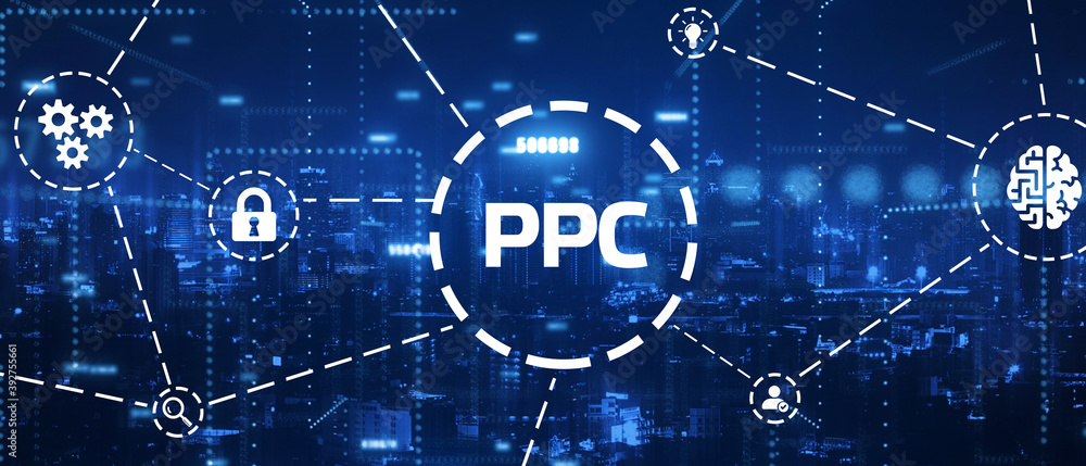 Pay per click payment technology digital marketing internet concept of virtual screen. PPC Pay per click payment technology digital marketing internet concept of virtual screen. PPC