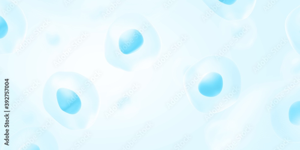 Human cells on light blue background. Nucleus and cytoplasm. 3d illustration.