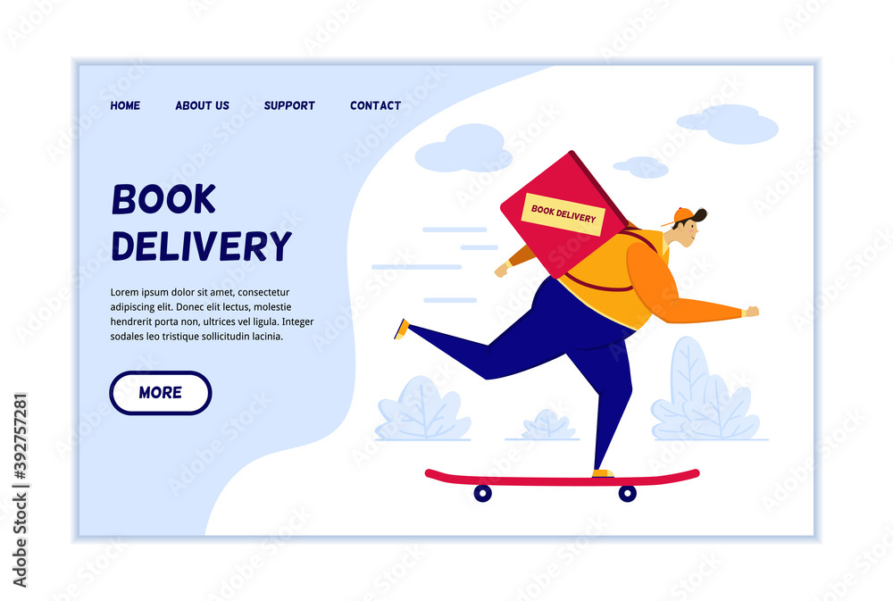 Online bookstore shipping information website page template. A fat guy on a skateboard with a disproportionate body delivers an online order. Concept for a website for an online book store. Online bookstore shipping information website page template. A fat guy on a skateboard with a disproportionate body delivers an online order. Concept for a website for an online book store.