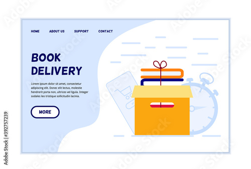 Online bookstore shipping information website page template. Kroboka with books on the background of a smartphone and a stopwatch as a symbol of delivery.Concept for a website for an online book store