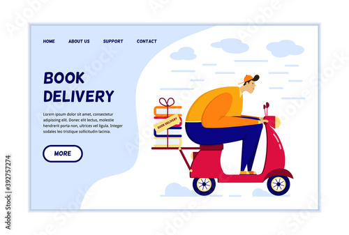 Bookstore shipping information website page template. Fat man riding a scooter with a disproportionate body delivers an online order. Website concept for an online book store.