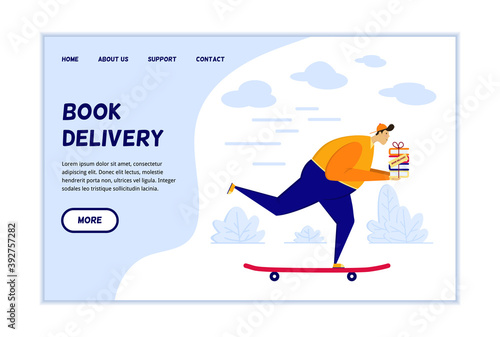 Online bookstore shipping information website page template. A fat guy on a skateboard with stack books on your hands delivers an online order. Concept for a website for an online book store.