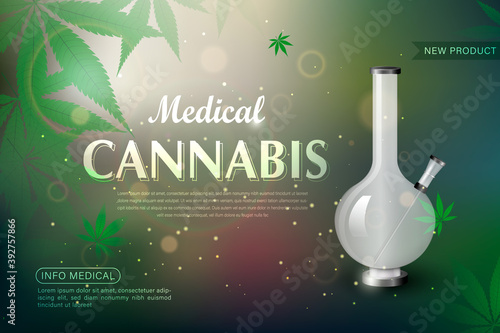 Bong and medical cannabis leaf. Realistic vector illustration showing glass bong and marijuana leaf