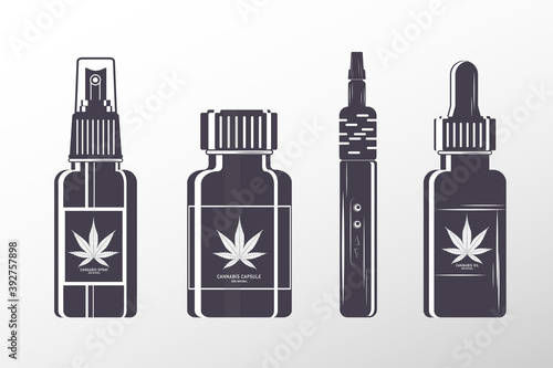 Forms of medical cannabis, marijuana set - pills, oil tincture, spray, patches and vaporizer, flat style vector illustration isolated on white background. Forms of medical cannabis