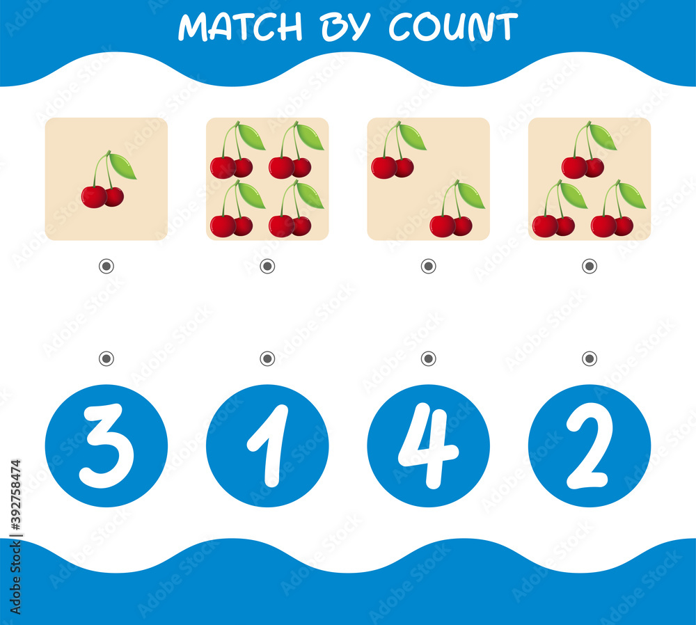 Match by count of cartoon cherrys. Match and count game. Educational game for pre shool years kids and toddlers