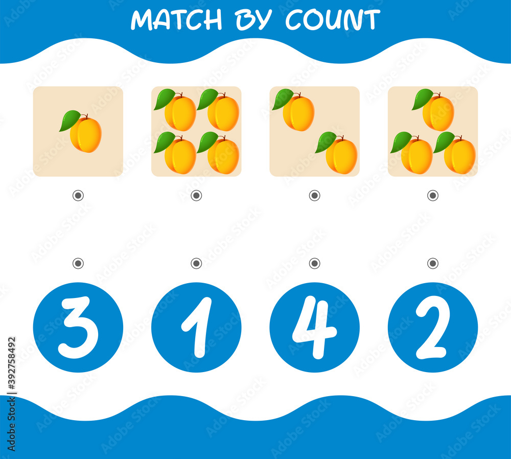 Match by count of cartoon apricots. Match and count game. Educational game for pre shool years kids and toddlers