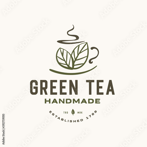 Cup and hot green tea leaf retro vector illustration