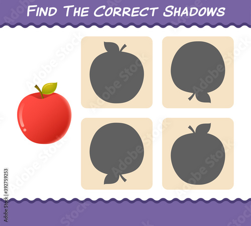 Find the correct shadows of cartoon apple. Searching and Matching game. Educational game for pre shool years kids and toddlers