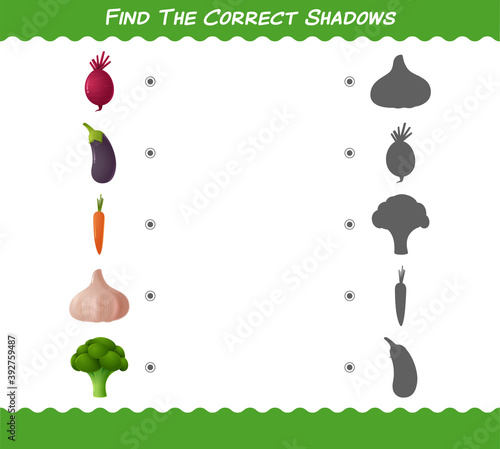 Find the correct shadows of cartoon vegetables . Searching and Matching game. Educational game for pre shool years kids and toddlers