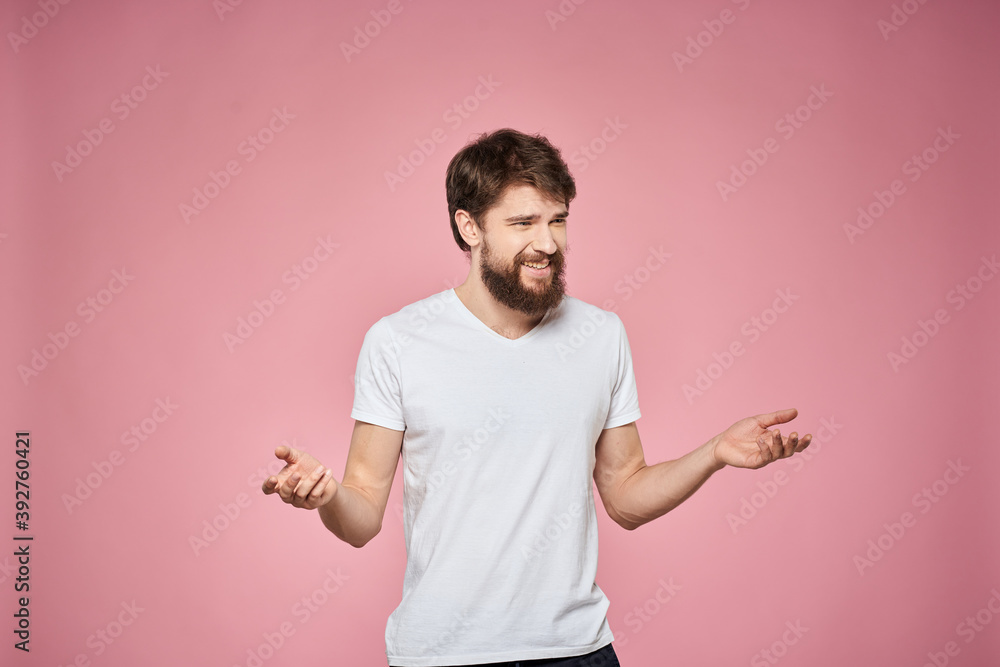 cute bearded men white t-shirt studio pink isolated background cute bearded men white t-shirt studio pink isolated background