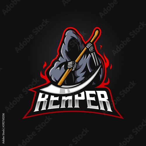 Reaper mascot logo design vector with modern illustration concept style for badge, emblem and t-shirt printing. Grim reaper illustration for e-sport