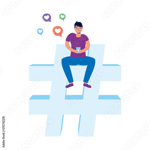 young man seated in numeral symbol using smartphone and social media icons
