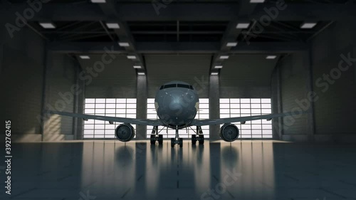 4K Animation of Airplane Inside Hangar Interior. 3D Rendering