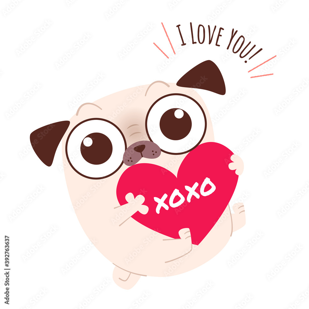 Cute and funny pug character holding a big heart, and sending a love message. Flat vector illustration. Isolated on white background.