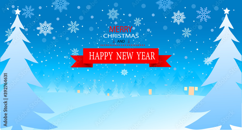 Vector merry Christmas and happy New Year design. Horizontal card with Christmas trees and Shining Snowflakes.