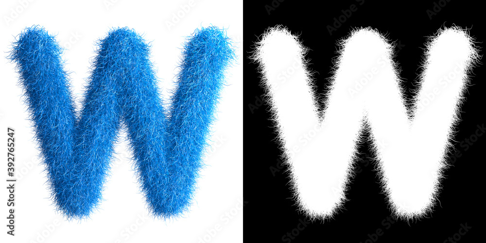 Alphabet W made from fur with alpha mask, fur font, 3d alphabet. 3d illustration.