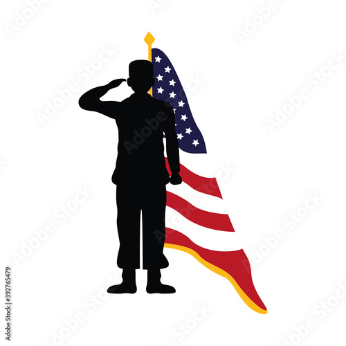 officer military silhouette with usa flag in pole
