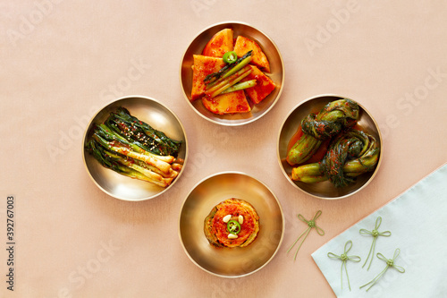 The most famous Korean food Kimchi set(napa cabbage, leaf mustard, turnip, green onion) in high quality brass tableware. Top view.
