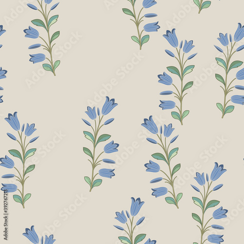 Seamless floral pattern with blooming branches of bluebell flower. Folk style.