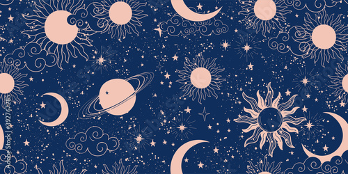 Seamless blue space pattern with sun, crescent and stars on a blue background. Mystical ornament of the night sky for wallpaper, fabric, astrology, fortune telling. Vector illustration