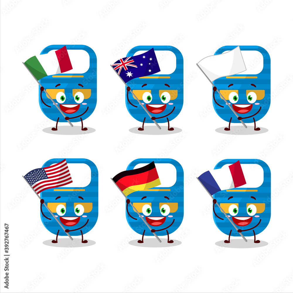 Blue baby appron cartoon character bring the flags of various countries
