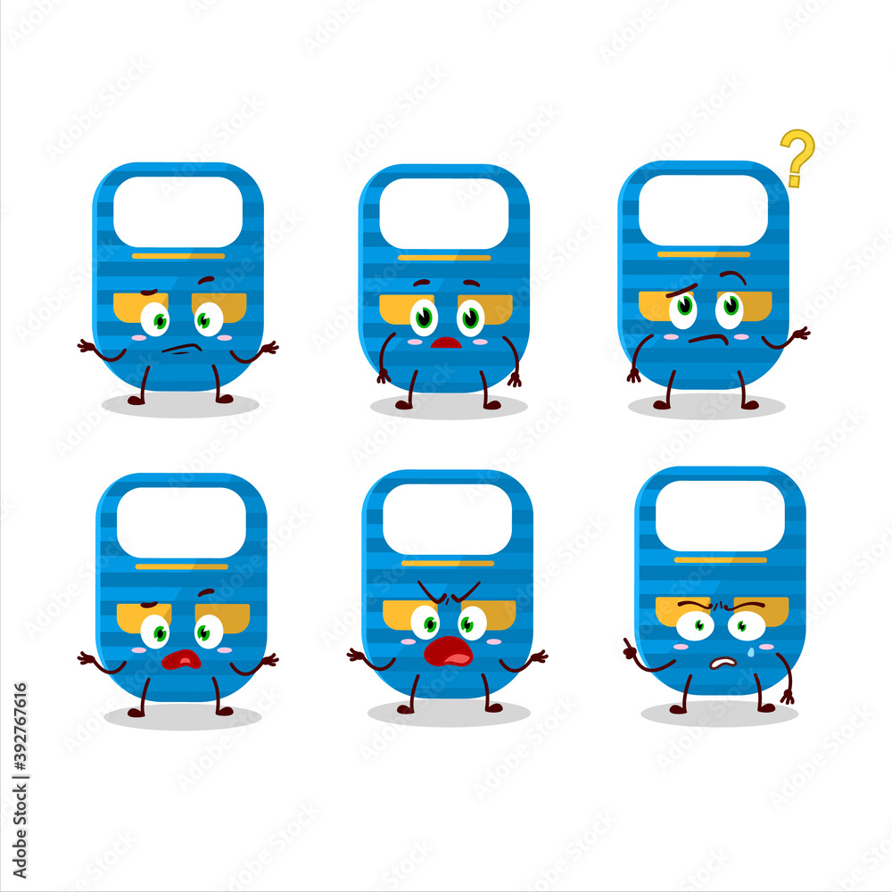 Cartoon character of blue baby appron with what expression